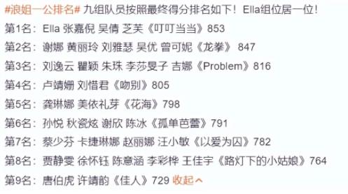 浪姐一公排名出炉 究竟哪5个人会被淘汰?
